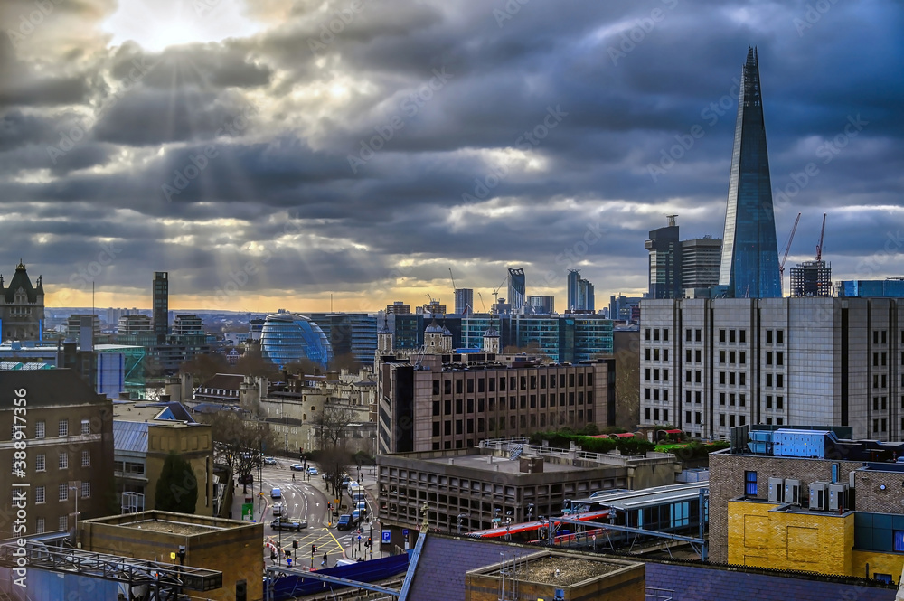 View over rooftops in the Tower Hill area of London