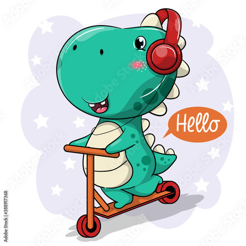 cute cartoon dinosaur riding scooter