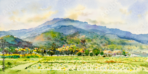 Fototapeta Naklejka Na Ścianę i Meble -  Watercolor landscape painting colorful of mountain range with farm cornfield.