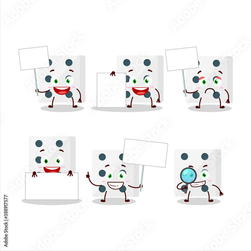 White dice cartoon character bring information board