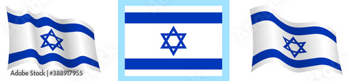 israel flag in static position and in motion, developing in wind in exact colors and sizes, on white background