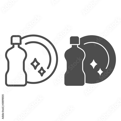Detergent bottle and clean plate line and solid icon, Cleaning service concept, Dishwashing liquid and plate sign on white background, Hygienic dish with detergent icon outline style. Vector graphics.