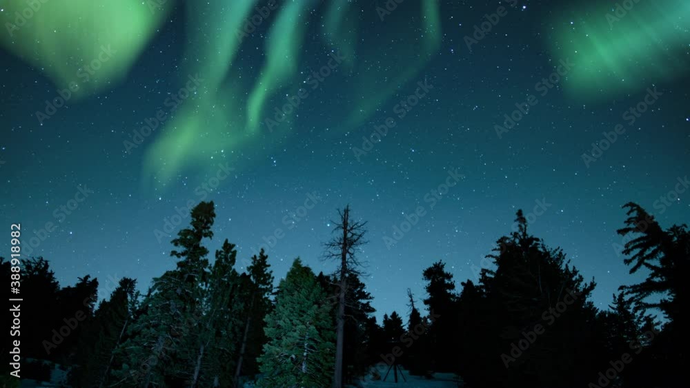 Aurora Green Above Ski Lifts and Alpine Forest Loop