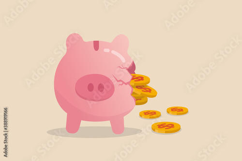 Money loss from investment failure, bad habit problem in personal finance, debt crisis or inflation money reduction concept, depress sadness broken pink piggy bank with money dollar coins pouring out.