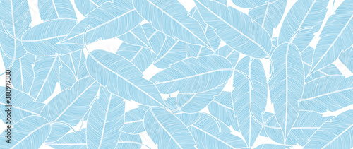 Tropical leaf Wallpaper, Luxury nature leaves pattern design, Blue banana leaf line arts, Hand drawn outline design for fabric , wall arts, print, cover, banner and invitation, Vector illustration..