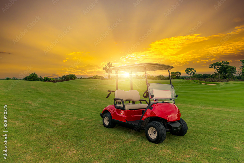 golf cart park on green grass with golf course view with sun sky background