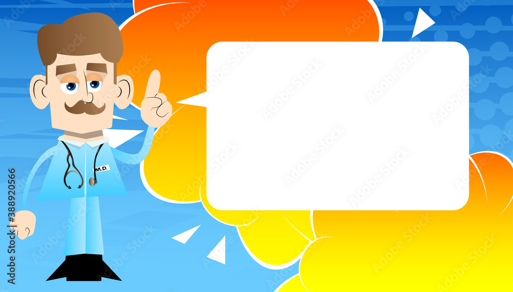 Funny cartoon doctor making a point. Vector illustration.