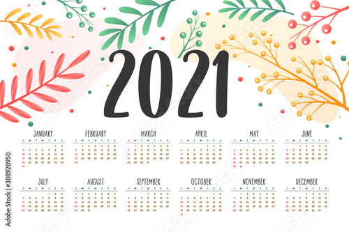2021 new year calendar with flower decoration design