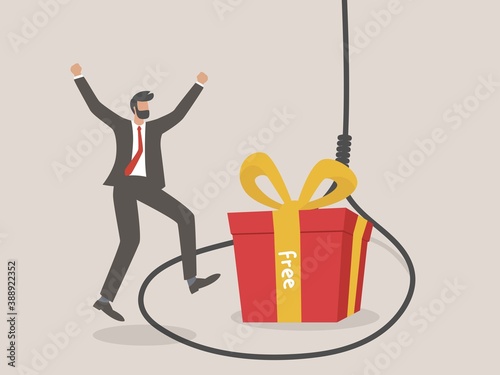 rope trap with gift box with free sign, Businessman and Rope trap. Fraud, freebie, crime and lie.