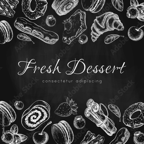 chalk bakery or pastry banner, background or menu template on black chalkboard. vector illustration of sweet desserts, pastries and berries on blackboard. vintage style. chalky breads frame for design