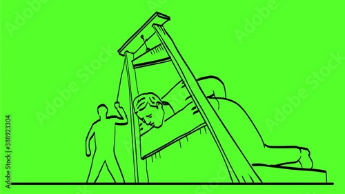 2d Animation motion graphics drawing of a man or convict in guillotine execution by beheading or decapitation on white, black and green screen in HD high definition.