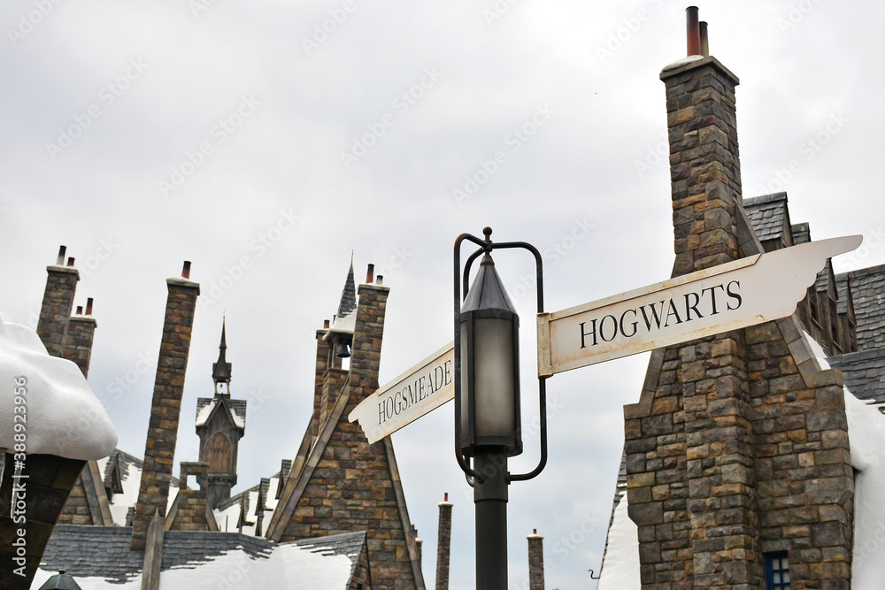 Fototapeta premium Harry Potter theme hogwarts street sign at Universal Studios Japan in Osaka, Japan