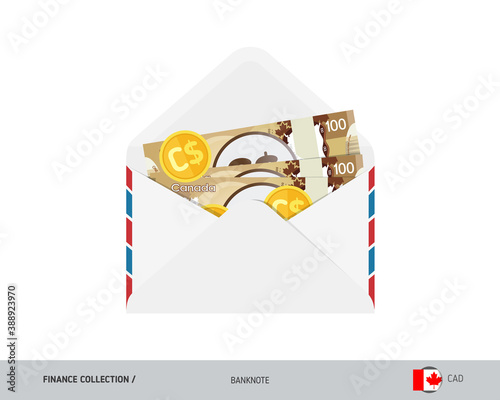 100 Canadian Dollar Banknotes and coins. Flat style opened envelope with cash. Salary payout or corruption concept.