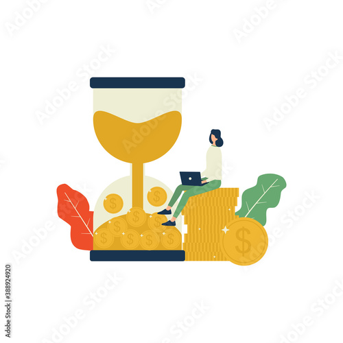 Time is money illustration, woman work with her laptop on stack of coins beside hourglass 