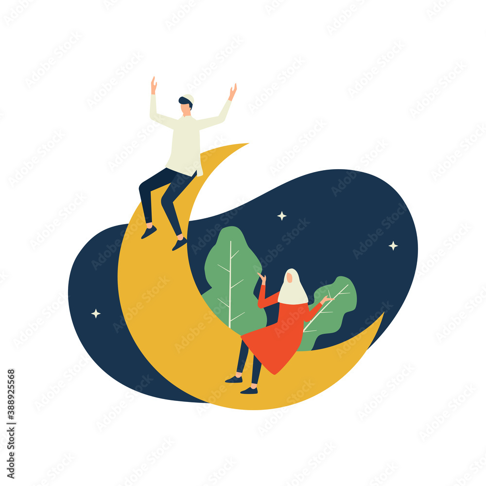 Fototapeta premium Happy ramadan kareem, man and woman on crescent moon