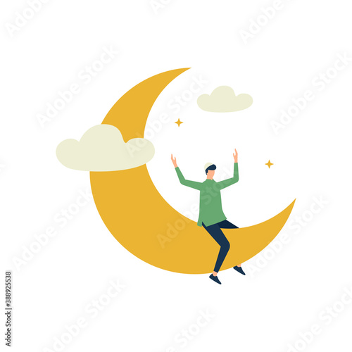 Happy ramadan kareem, man sitting on crescent moon