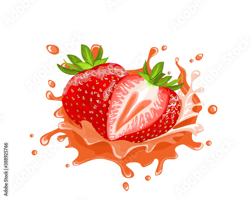 Strawberries and strawberry juice splash. Close up hand drawing on white background vector illustration.