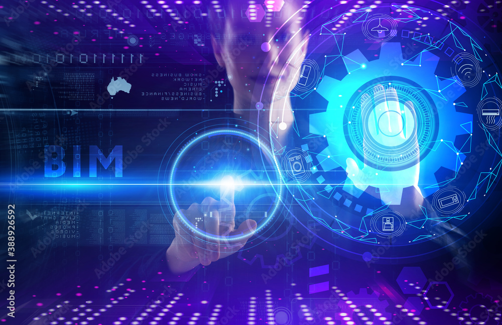 Obraz premium Business, technology, internet and network concept. Young businessman thinks over the steps for successful growth: BIM