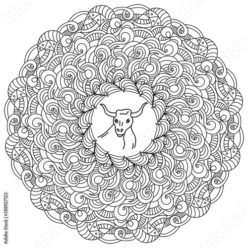 Contour antistress mandala of curls and waves with a bull in the center, zodiac sign taurus, zen coloring page