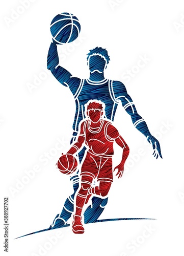 Group of Basketball players action cartoon graphic vector