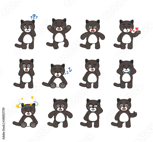Set of chibi cat mascots showing various emotions. Cute cat thinking, jumping, angry, surprised, sleeping, crying, showing silly face and other expressions. Vector illustration bundle
