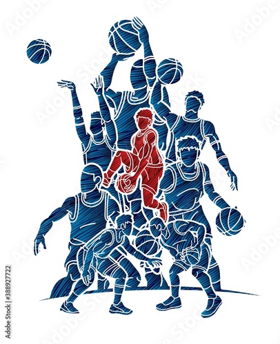 Group of Basketball players action cartoon graphic vector