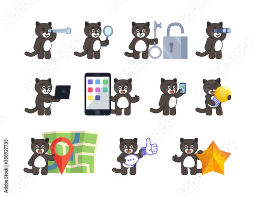 Set of cute cat mascots in various situations. Chibi black cat holding spyglass, magnifier, big key, idea bulb, standing near map and showing other actions. Vector illustration bundle