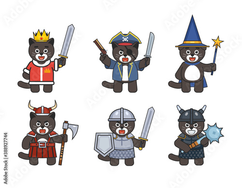 Set of cute cat mascots in medieval, fantasy outfits. Black cat king, pirate, wizard, viking, knight cats. Vector illustration bundle