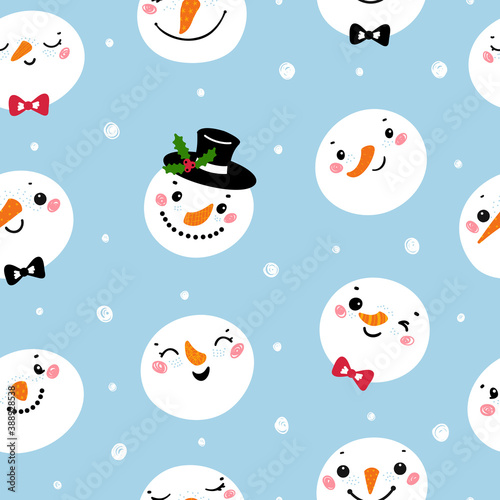 Cute Snowman Heads. Christmas Vector Seamless Pattern. Winter Holiday Background with Cartoon Funny Doodle Snowman Faces. Winter Holidays, Christmas and New Year Design