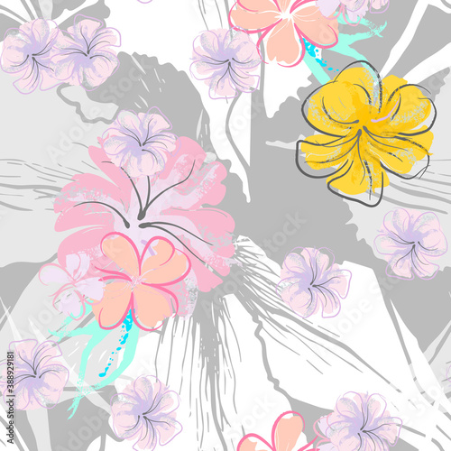 Pink Flowers Blooming Pattern. Pastel Watercolor.