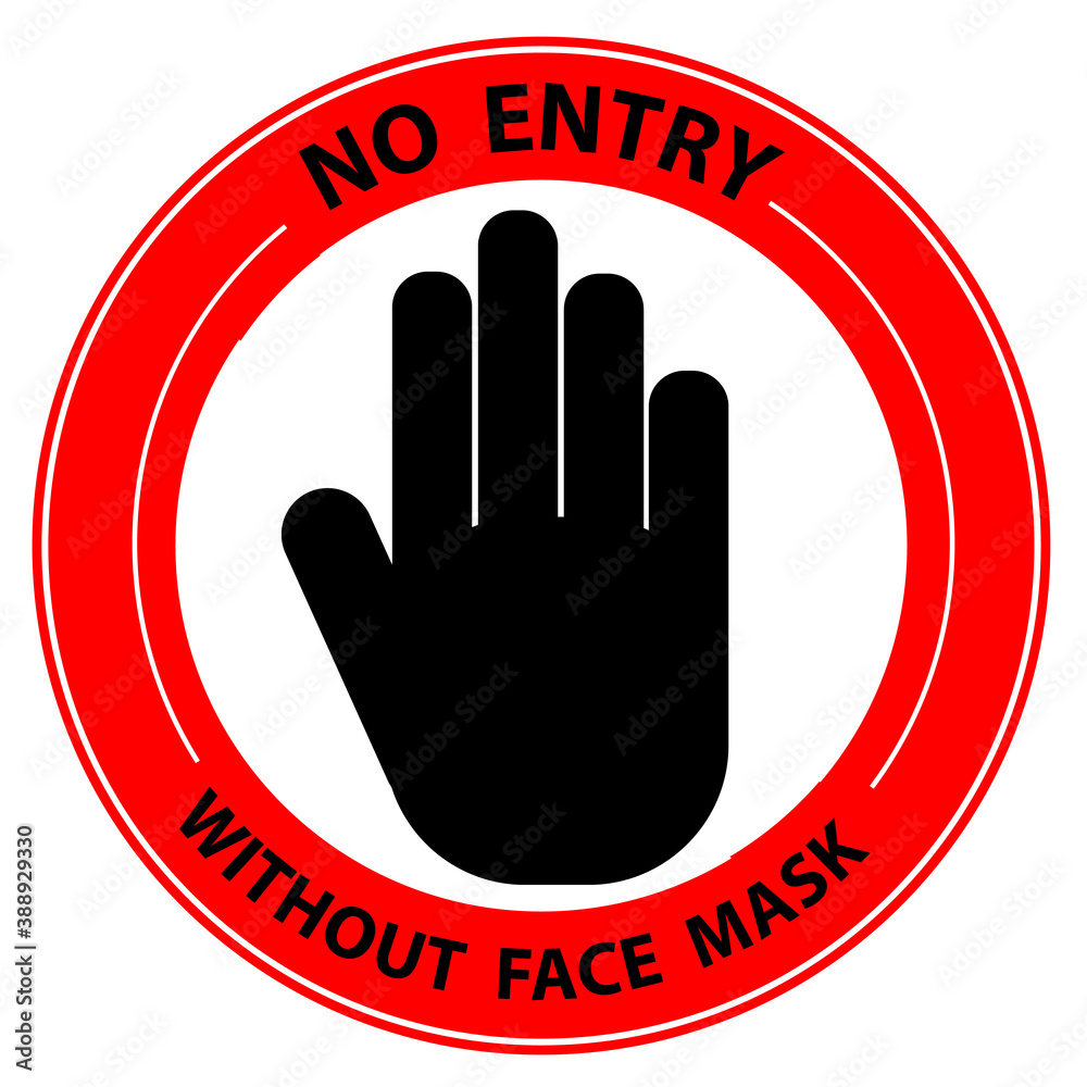 Warning sign No entry without face mask stamp, mask required sign, red isolated on white