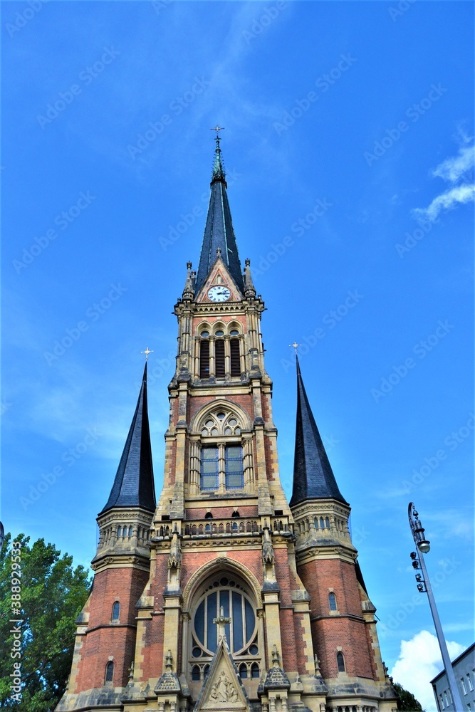 Petri church in Chemnitz at the Theaterplatz. Church Saint Petri In Chemnitz Germany with blue sky background during sunny day.