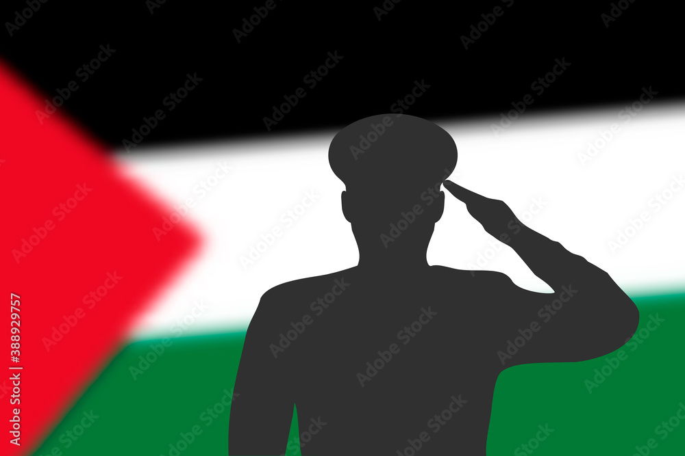 Solder silhouette on blur background with Palestine flag.
