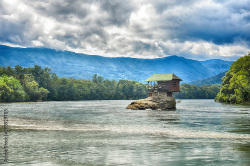 Small house on the rock in river. Lonely house on the river Drina in Bajina Basta, Serbia