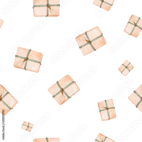 Seamless pattern. Beige Gift boxes  with green ribbon and tag for the new year. Watercolor hand-drawn  elements. Ideal for Merry Christmas and Happy New Year cards, flyers, wrapping paper, brochures