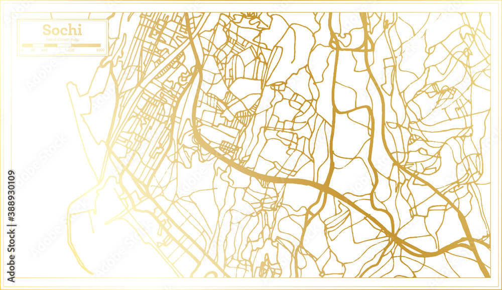Sochi Russia City Map in Retro Style in Golden Color. Outline Map. Sochi Russia City Map in Retro Style in Golden Color. Outline Map.