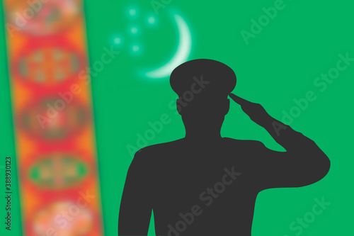 Solder silhouette on blur background with Turkmenistan flag.