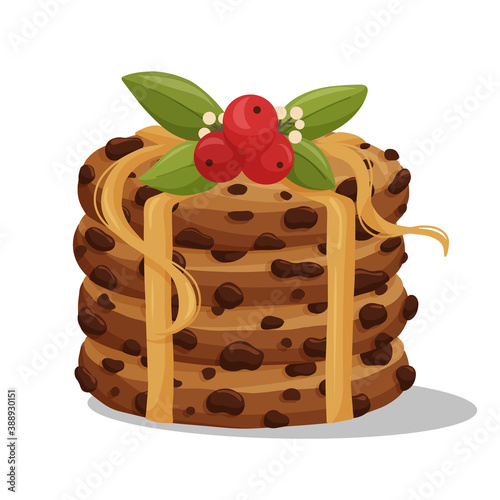 Tasty cookies with chocolate crisps decorated by winter plants and berries.  Design elements for print, card, poster, banner, fabric. Vector illustration.