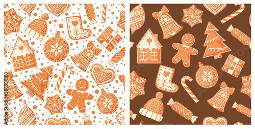 Christmas seamless patterns with gingerbread cookies. Design for Christmas and New Year decoration, wrapping paper, print, fabric or textile. Vector illustration.