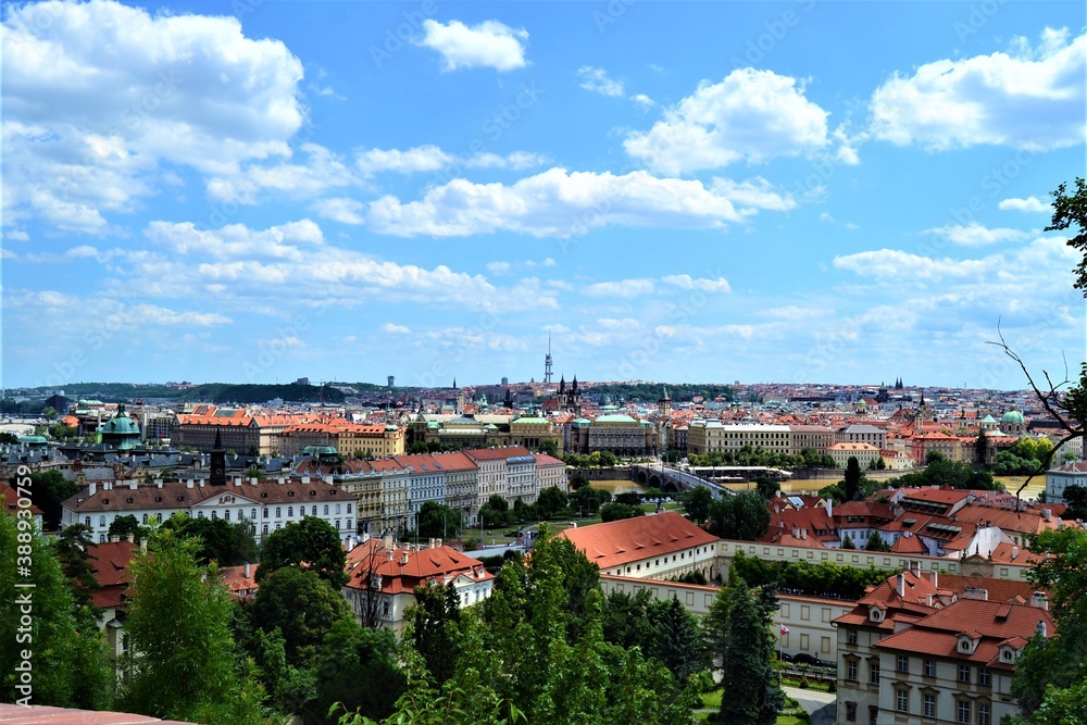 Prague and Czech Republic during sunny day. Prague Panorama with blue sky and white cloud. Photo taken from near the Prague Castle.