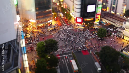 The famous Shibuya Crossing in Tokyo Japan with it's crowds of people, shot with a tilt-shift lens photo