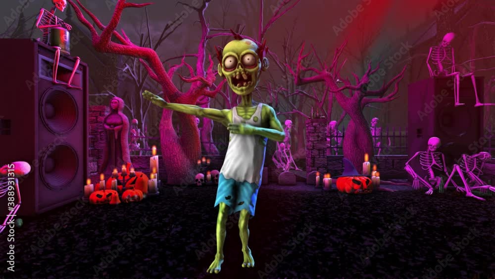 Seamless animation of a zombie dancing salsa in a party at a graveyard with skeletons and pumpkins. Funny cartoon character for Halloween background.