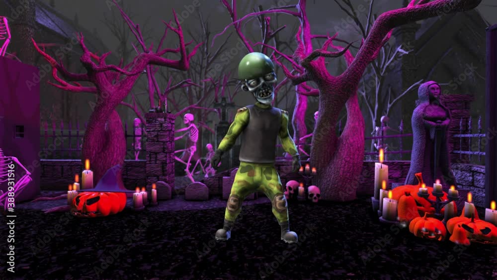 Seamless animation of a soldier zombie dancing thriller in a graveyard. Funny cartoon character for Halloween background.