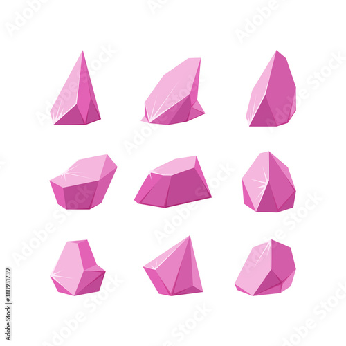 Crystals broken into pieces. Set of smashed pink crystals. Broken gemstones made of amethyst. Vector illustration in cartoon style