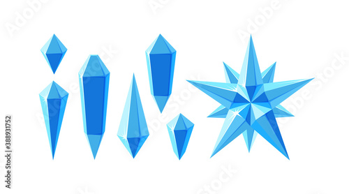 Crystal gemstones and star. Set of ice crystal star and separate frozen gems various shapes. Vector illustration in cartoon style