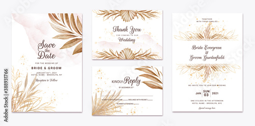 Wedding invitation template set with brown and peach dried floral and leaves decoration. Botanic card design concept