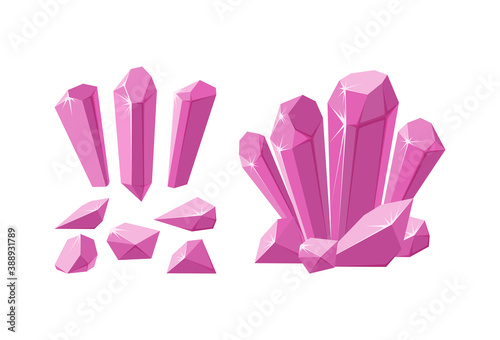 Crystals and gemstones of different shapes. Set of pink stalagmite, crystals and pieces of ruby rock. Vector illustration in cartoon style