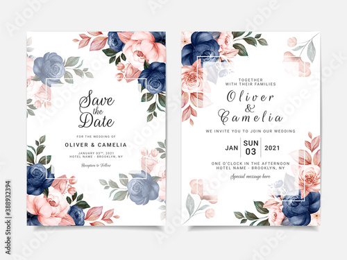 Floral wedding invitation template set with blue and brown roses flowers and leaves decoration. Botanic card design concept