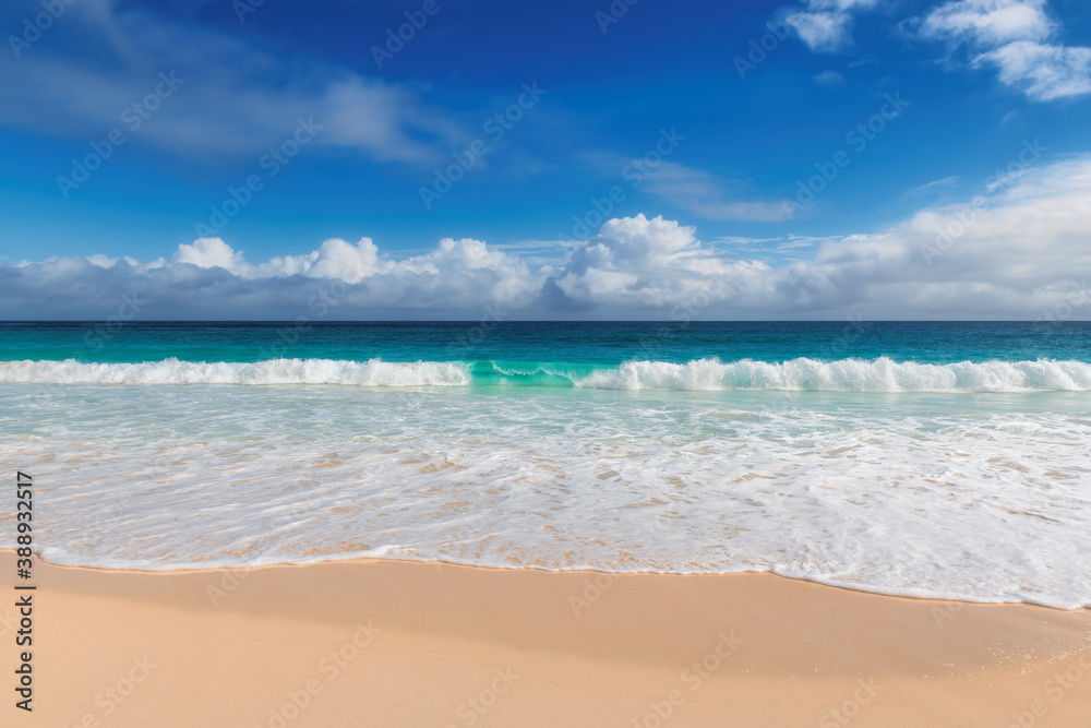 Tropical beach with warm sand and turquoise wave on the sea in paradise island. Tropical beach background.