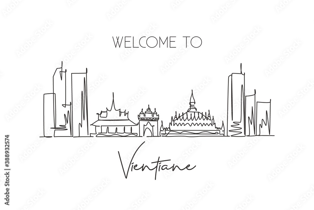 Single continuous line drawing Vientiane city skyline, Laos. Famous city scraper landscape postcard. World travel destination concept. Editable stroke modern one line draw design vector illustration